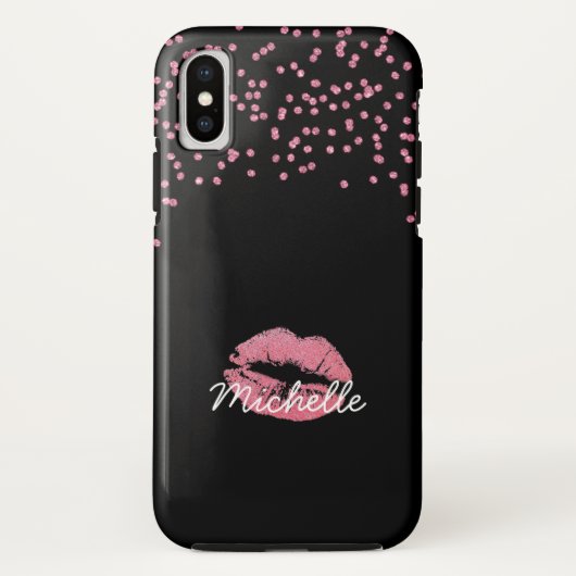 Girly Pink Glitter Lips Monogram Naam Case-Mate iPhone Case (Achterkant)