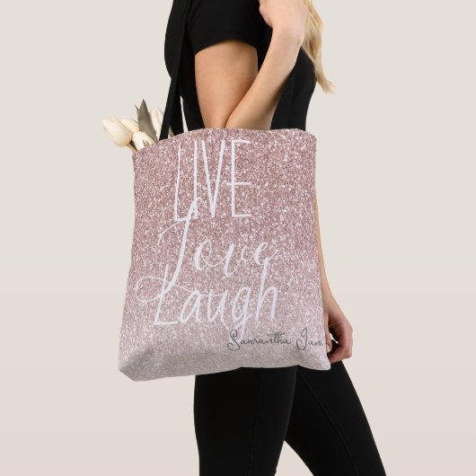 Girly Pink Glitter Live Liefde Lach Motivatie Tote Bag (Dichtbij)