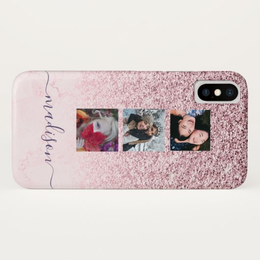 Girly Pink Glitter Marble Fotoscript Naam Case-Mate iPhone Case (Achterkant (horizontaal))