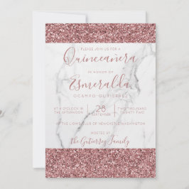 Girly Pink Glitter Marble Quinceanera Foto Kaart
