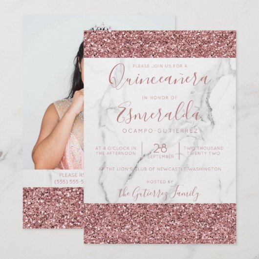 Girly Pink Glitter Marble Quinceanera Foto Kaart (Voorkant / Achterkant)