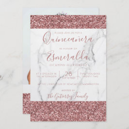 Girly Pink Glitter Marble Quinceanera Foto Kaart