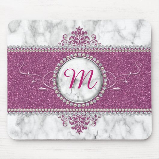 Girly Pink Glitter Monogram Muismat (Voorkant)