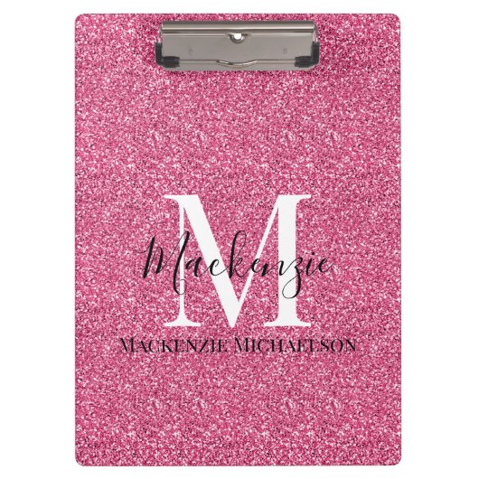 Girly Pink Glitter Monogram Naam Klembord (Voorkant)