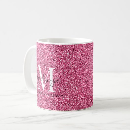 Girly Pink Glitter Monogram Naam Koffiemok (Voorkant links)