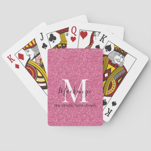 Girly Pink Glitter Monogram Naam Pokerkaarten (Achterkant)