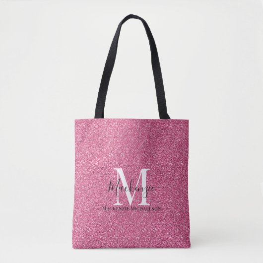 Girly Pink Glitter Monogram Naam Tote Bag (Voorkant)