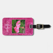Girly Pink Glitter Monogram Persoonlijke foto Naam Bagagelabel (Voorkant horizontaal)