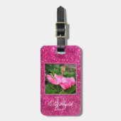 Girly Pink Glitter Monogram Persoonlijke foto Naam Bagagelabel (Voorkant verticaal)