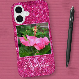 Girly Pink Glitter Monogram Persoonlijke foto Naam iPhone 16 Hoesje