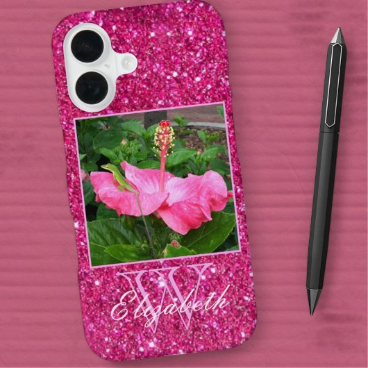 Girly Pink Glitter Monogram Persoonlijke foto Naam iPhone 16 Hoesje