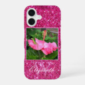 Girly Pink Glitter Monogram Persoonlijke foto Naam iPhone 16 Hoesje (Achterkant)