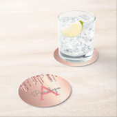 Girly Pink Glitter Monogrammed Roos Gold Drids Ronde Kartonnen Onderzetter (Insitu)