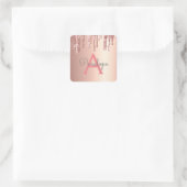 Girly Pink Glitter Monogrammed Roos Gold Drids Vierkante Sticker (Tas)