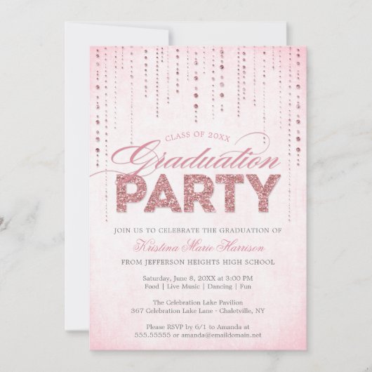 Girly Pink Glitter Pareltjes Graduation Party Kaart (Voorkant)
