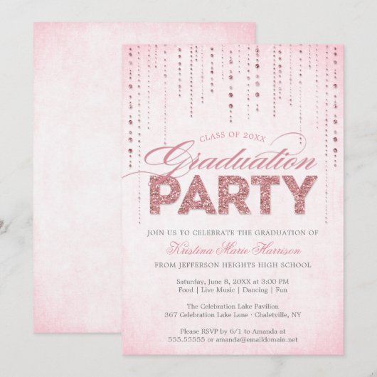 Girly Pink Glitter Pareltjes Graduation Party Kaart (Voorkant / Achterkant)