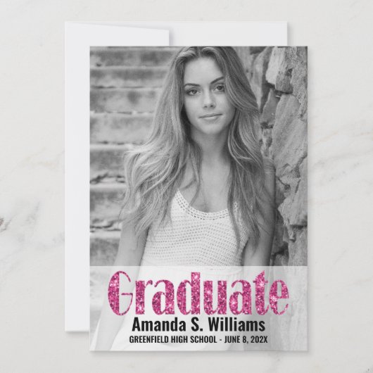 Girly Pink Glitter Photo Afstuderen Aankondiging (Voorkant)