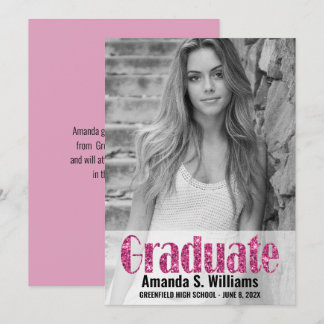 Girly Pink Glitter Photo Afstuderen Aankondiging
