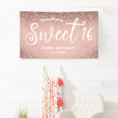 Girly Pink Glitter Roos Goud 16e Verjaardagsnaam Spandoek (Insitu)