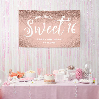 Girly Pink Glitter Roos Goud 16e Verjaardagsnaam Spandoek