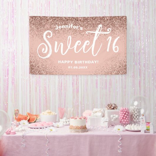 Girly Pink Glitter Roos Goud 16e Verjaardagsnaam Spandoek (Feest)
