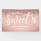 Girly Pink Glitter Roos Goud 16e Verjaardagsnaam Spandoek (Horizontaal)