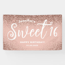 Girly Pink Glitter Roos Goud 16e Verjaardagsnaam Spandoek