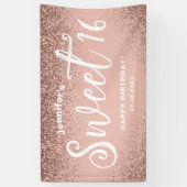 Girly Pink Glitter Roos Goud 16e Verjaardagsnaam Spandoek (Verticaal)