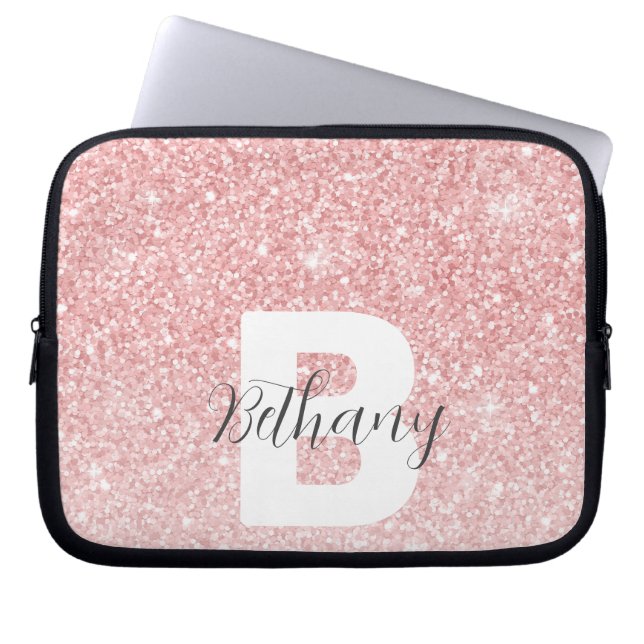 Girly Pink Glitter Sparkles Monogram Script Naam Laptop Sleeve (Voorkant)