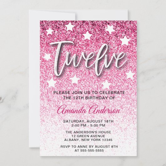 Girly Pink Glitter Textuur 12e Verjaardagsfeest Kaart (Voorkant)
