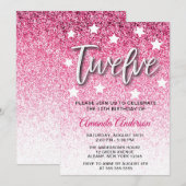 Girly Pink Glitter Textuur 12e Verjaardagsfeest Kaart (Voorkant / Achterkant)