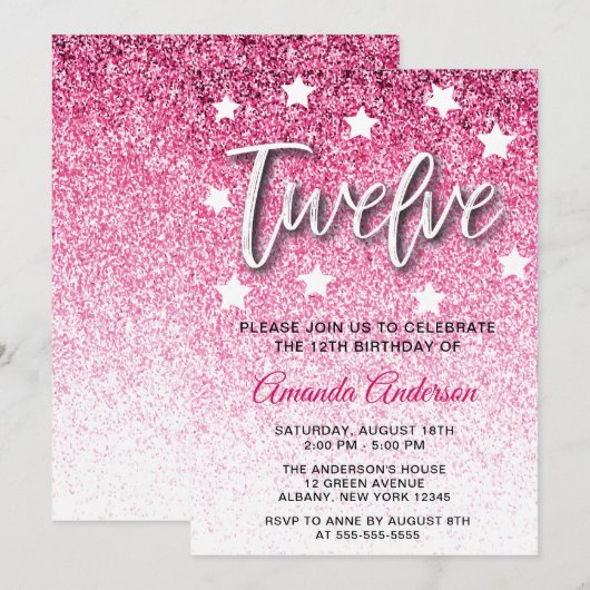 Girly Pink Glitter Textuur 12e Verjaardagsfeest Kaart (Voorkant / Achterkant)