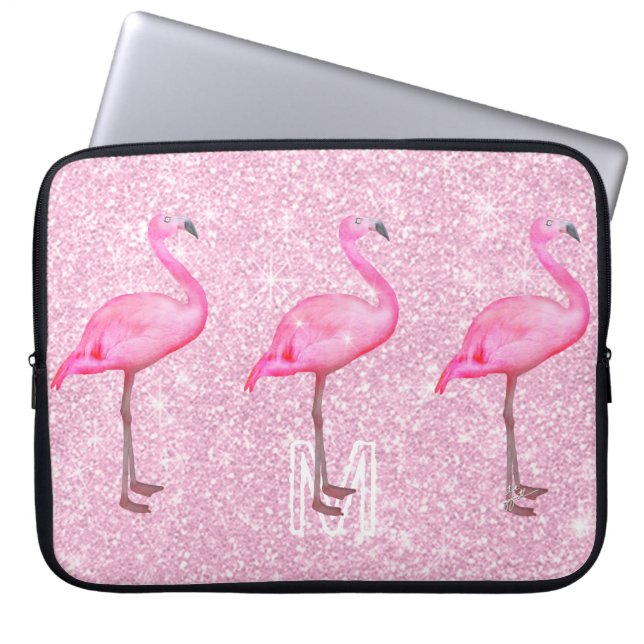 Girly Pink Glitter Tropical Flamingos Patroon Laptop Sleeve (Voorkant)