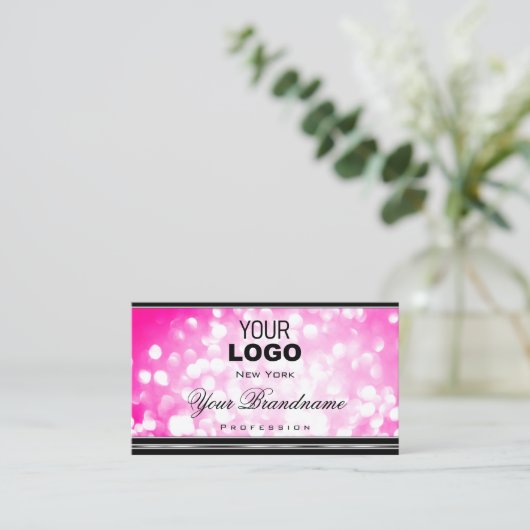 Girly Pink Glitter Zwart Zilveren Rand en Logo Visitekaartje (Staand voorkant)