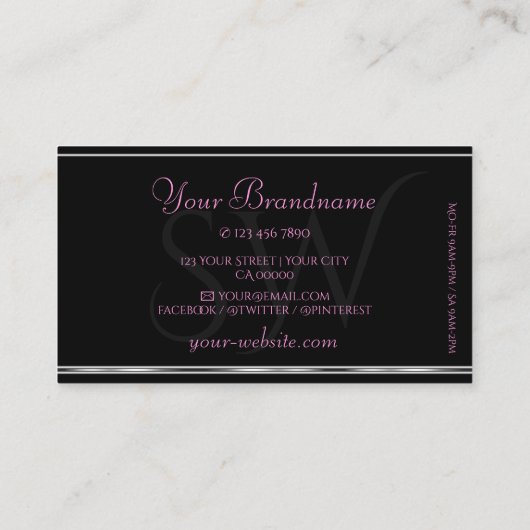 Girly Pink Glitter Zwart Zilveren Rand Initialen Visitekaartje (Achterkant)