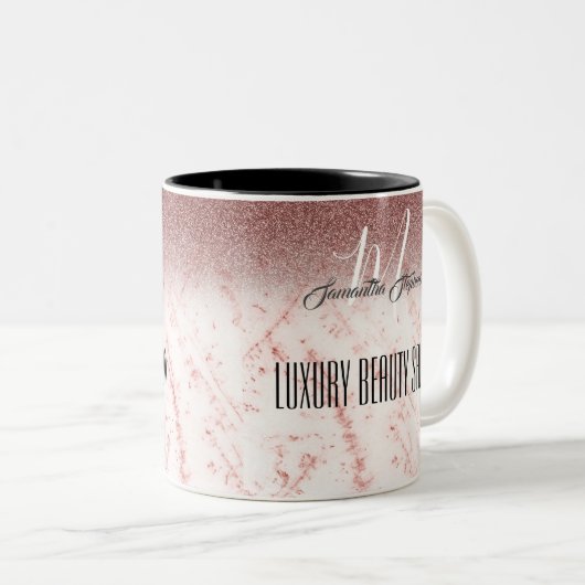 Girly Pink Glittery Luxury Beauty Salon Tweekleurige Koffiemok (Voorkant rechts)