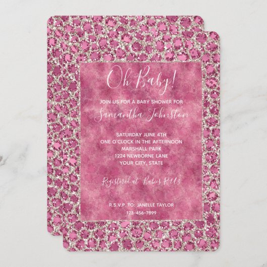 Girly Pink Glitzy Glam Glitter Leopard Baby shower Kaart (Voorkant / Achterkant)