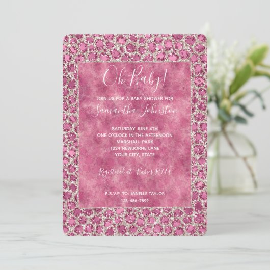 Girly Pink Glitzy Glam Glitter Leopard Baby shower Kaart (Staand voorkant)