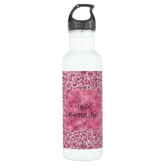 Girly Pink Glitzy Glam Glitter Leopard Print Waterfles (Voorkant)