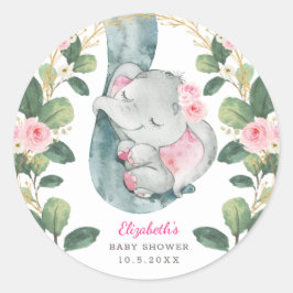 Girly Pink Gold Floral Baby Olifant Groen Ronde Sticker