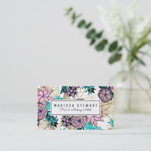 Girly Pink Gold Floral Illustrations Waterverf Visitekaartje (Staand voorkant)