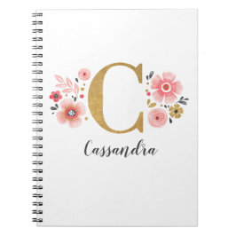 Girly Pink Gold Floral Monogram Letter C Notitieboek