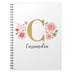Girly Pink Gold Floral Monogram Letter C Notitieboek
