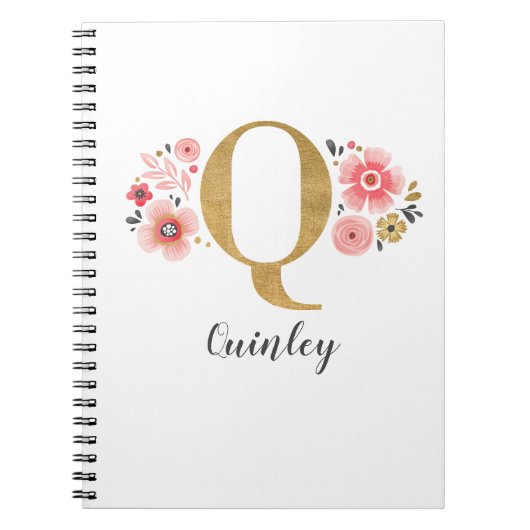 Girly Pink Gold Floral Monogram Letter Q Notitieboek (Voorkant)
