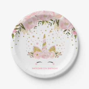 Girly Pink Gold Floral Unicorn Birthday Party Papieren Bordje