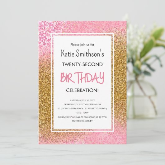  Girly Pink Gold Glitter Birthday Kaart (Staand voorkant)