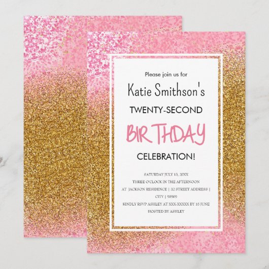  Girly Pink Gold Glitter Birthday Kaart (Voorkant / Achterkant)
