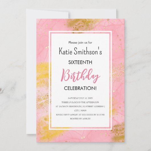  Girly Pink Gold Glitter Birthday Uitnodiging (Voorkant)