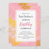  Girly Pink Gold Glitter Birthday Uitnodiging (Voorkant / Achterkant)