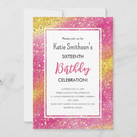 Girly Pink Gold Glitter Birthday Uitnodiging (Voorkant)